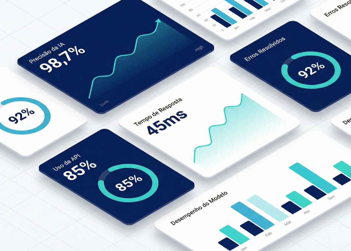 Dashboard de análise de software com visualizações de dados e métricas de IA